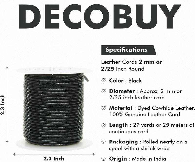 Decobuy Leather Cord for Jewelry Making, Round Cording 2mm Rope, 27 Yards Used for Crafts, Necklace String, Braiding - Black - Image 2